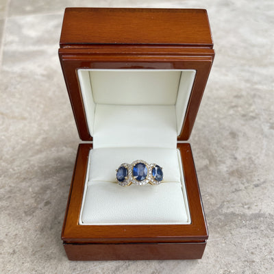 18CT Yellow Gold Trilogy Sapphire and Diamond Ring