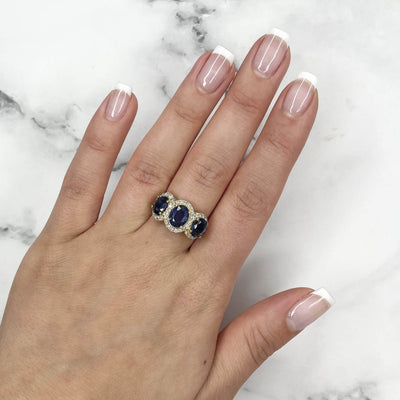 18CT Yellow Gold Trilogy Sapphire and Diamond Ring