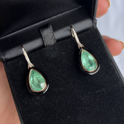 18CT rose gold colombian emerald, onyx and diamond earrings