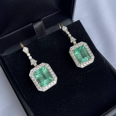 18CT yellow gold Colombian emerald and diamond earrings