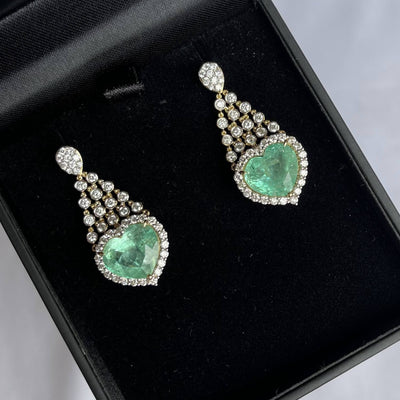 'Heart' 18CT yellow gold colombian emerald and diamond earrings