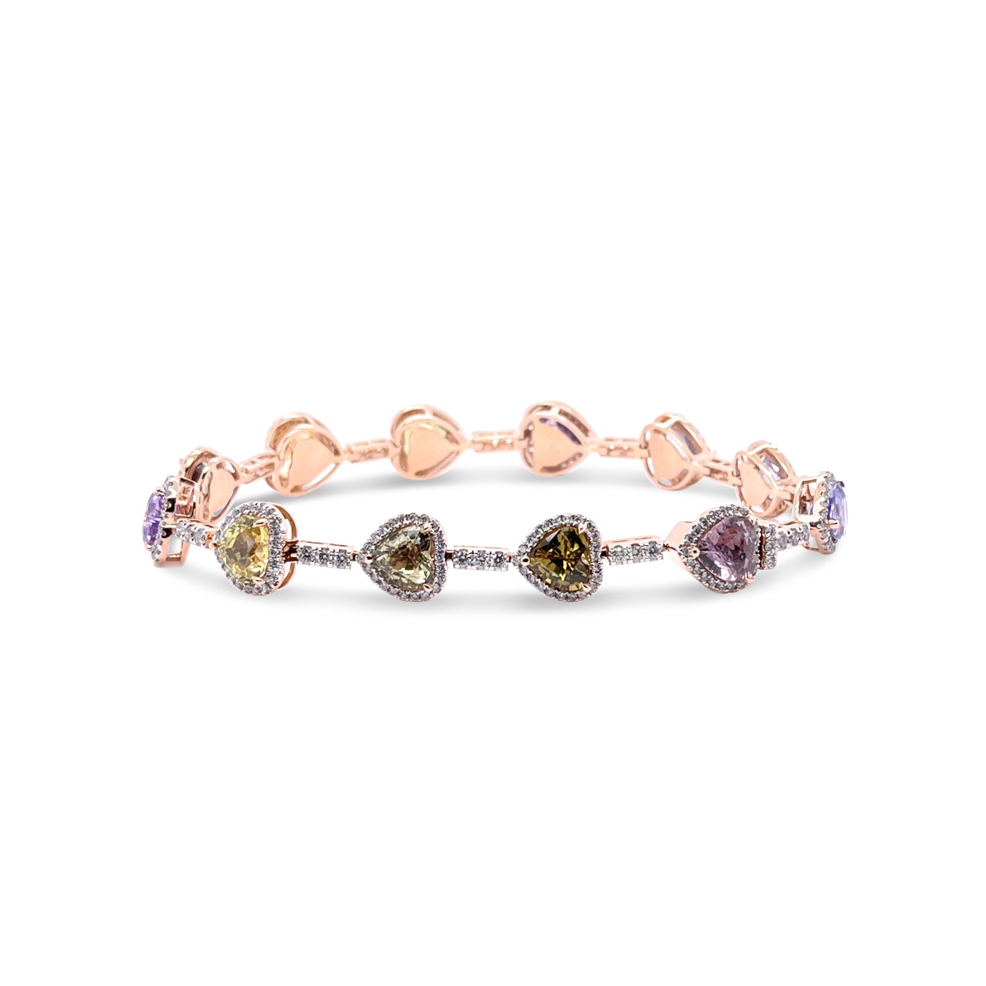 18CT rose gold multi coloured heart sapphire and diamond bracelet