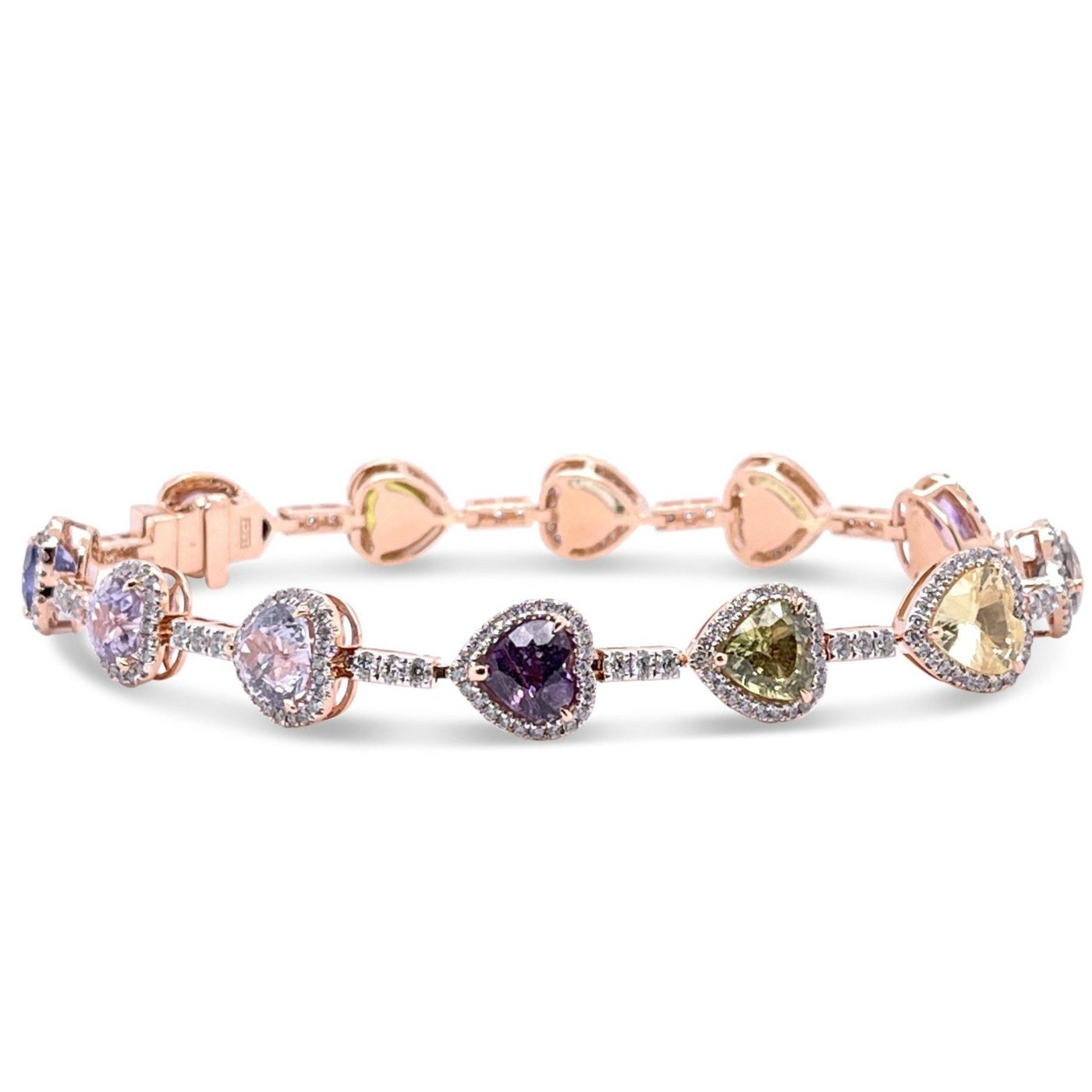 18CT rose gold multi coloured heart sapphire and diamond bracelet