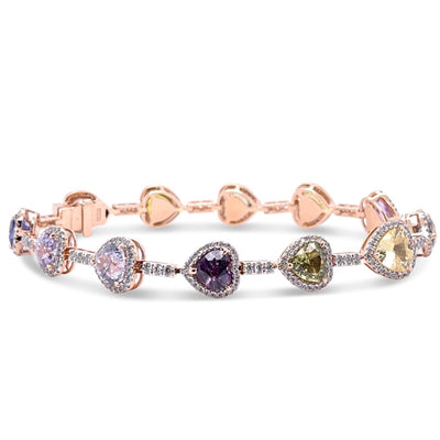 18CT rose gold multi coloured heart sapphire and diamond bracelet
