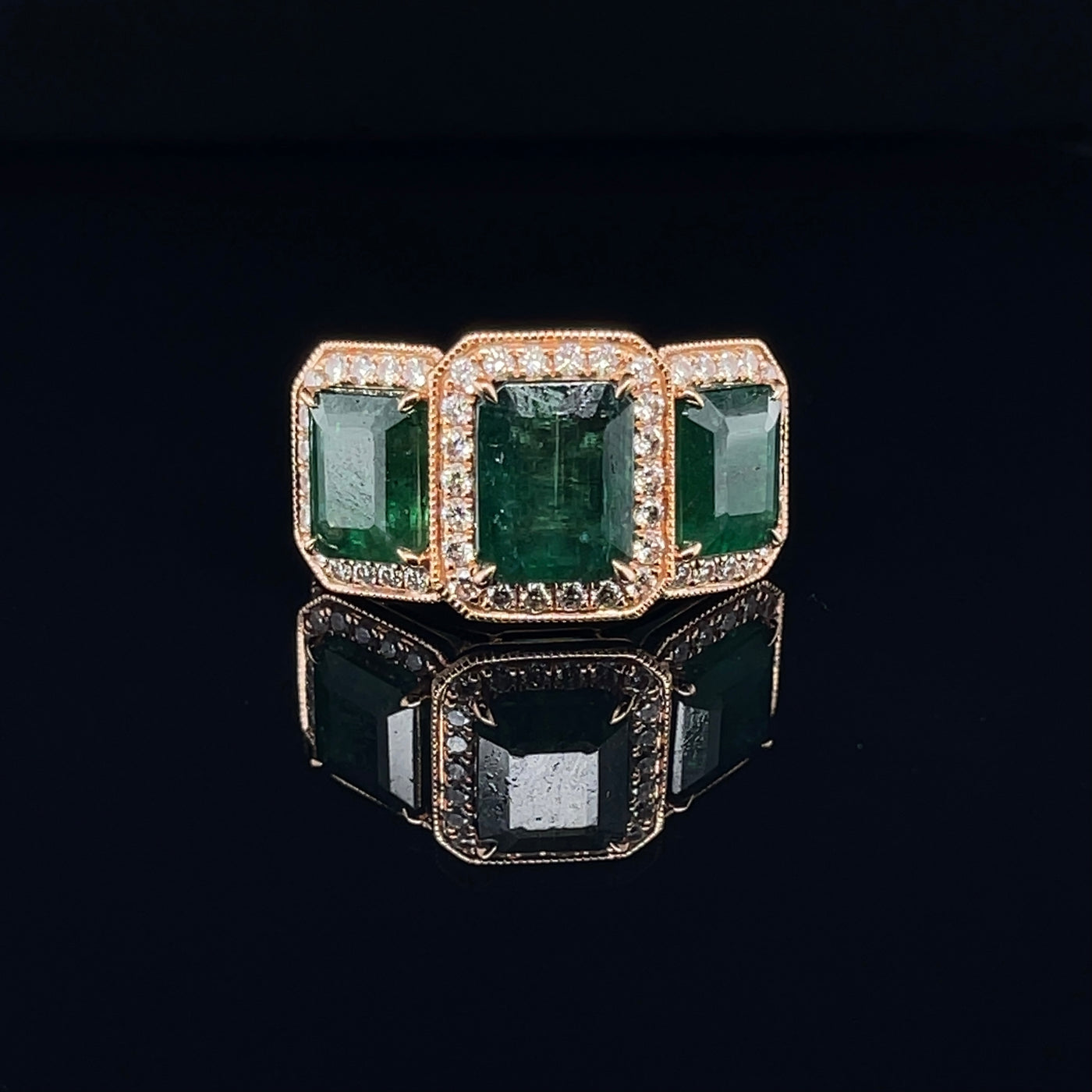 18CT Rose Gold Trilogy Emerald and Diamond Ring