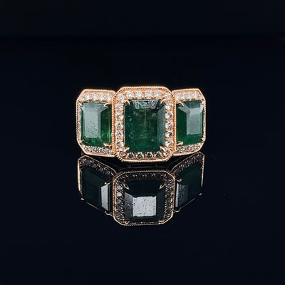 18CT Rose Gold Trilogy Emerald and Diamond Ring