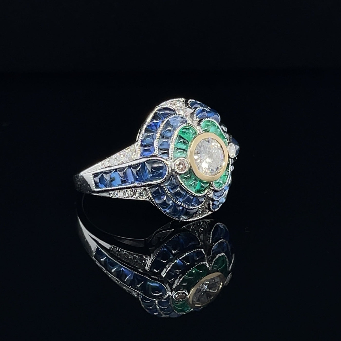 18CT White Gold Emerald Sapphire and Diamond Cocktail Ring