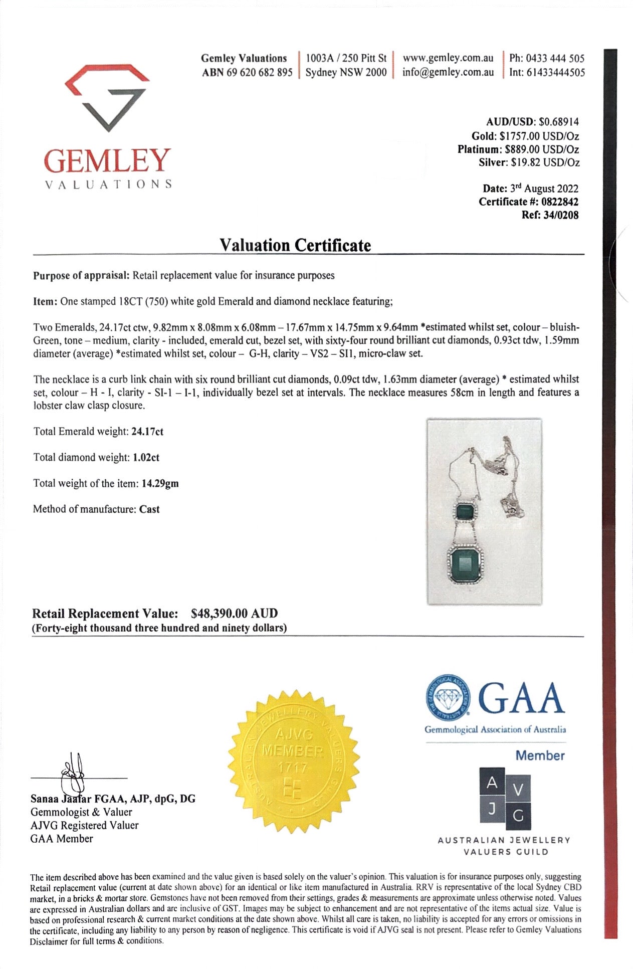 18ct white gold double emerald pendant and diamond necklace