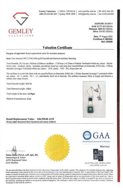 18ct white gold double emerald pendant and diamond necklace