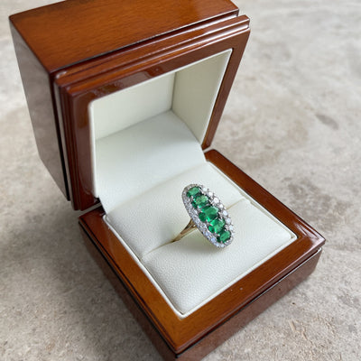 18CT Yellow Gold 5 Stone Emerald and Diamond Navette Dress Ring