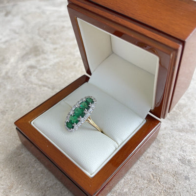 18CT Yellow Gold 5 Stone Emerald and Diamond Navette Dress Ring