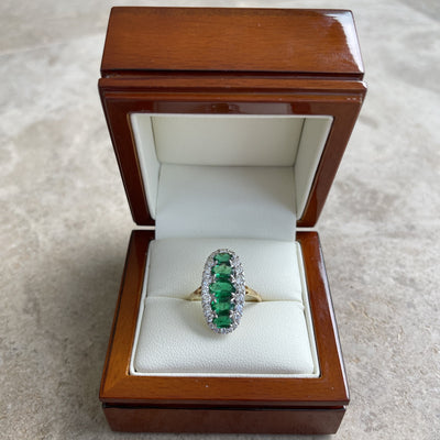 18CT Yellow Gold 5 Stone Emerald and Diamond Navette Dress Ring