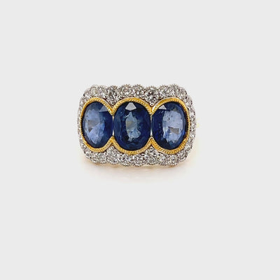 18CT Yellow Gold Trilogy Blue Sapphire and Diamond Ring