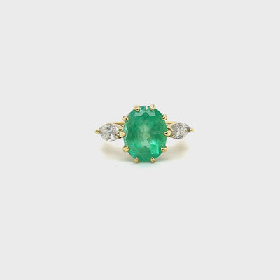 18ct yellow gold Emerald and Diamond trilogy ring