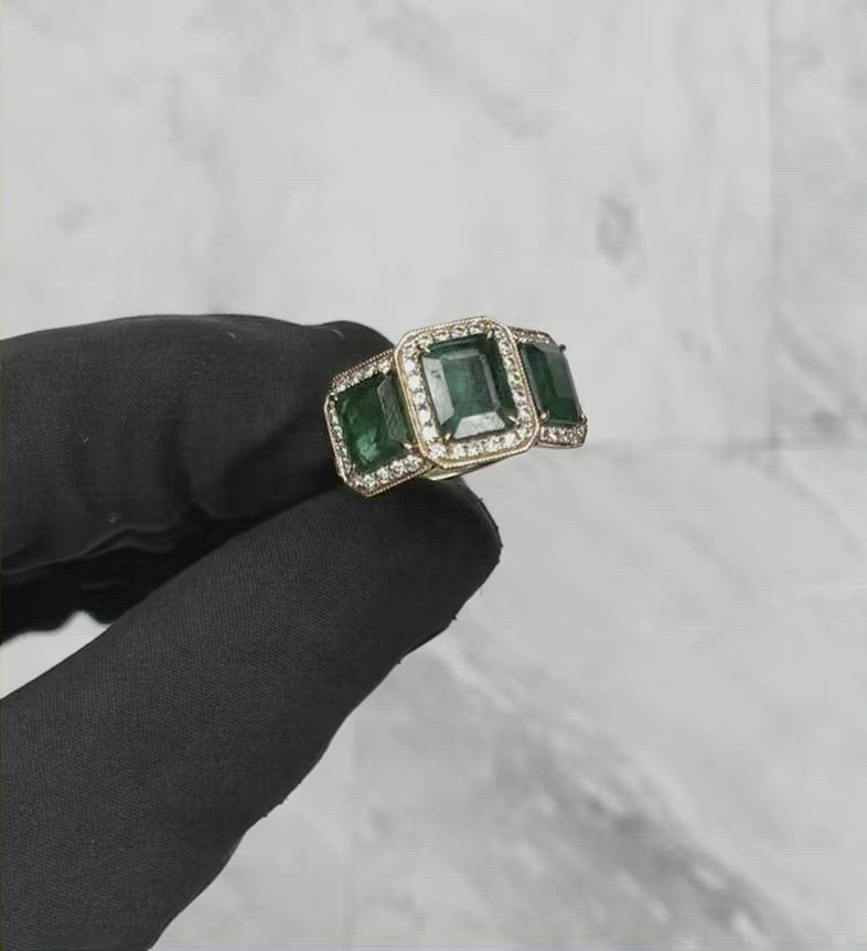 18CT Rose Gold Trilogy Emerald and Diamond Ring