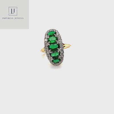 18CT Yellow Gold 5 Stone Emerald and Diamond Navette Dress Ring