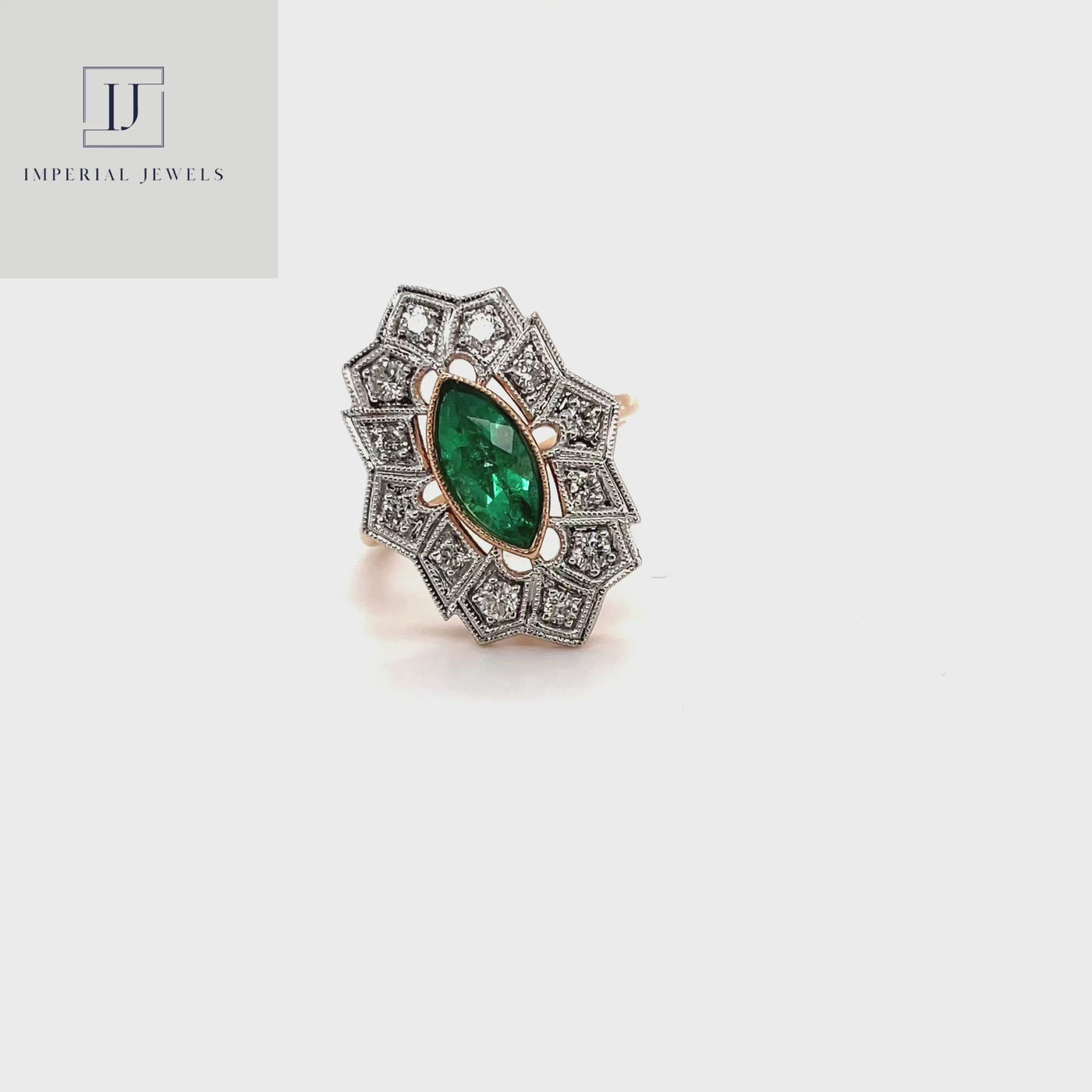 18CT Rose Gold Colombian Marquise Emerald and Diamond Ring
