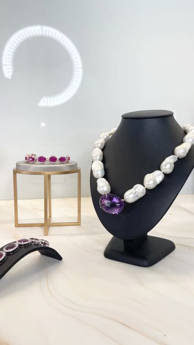 Baroque pearl and Amethyst Necklace and Pendant in 9ct Yellow Gold