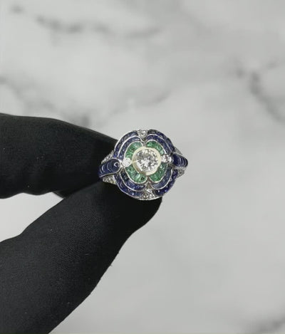 18CT White Gold Emerald Sapphire and Diamond Cocktail Ring