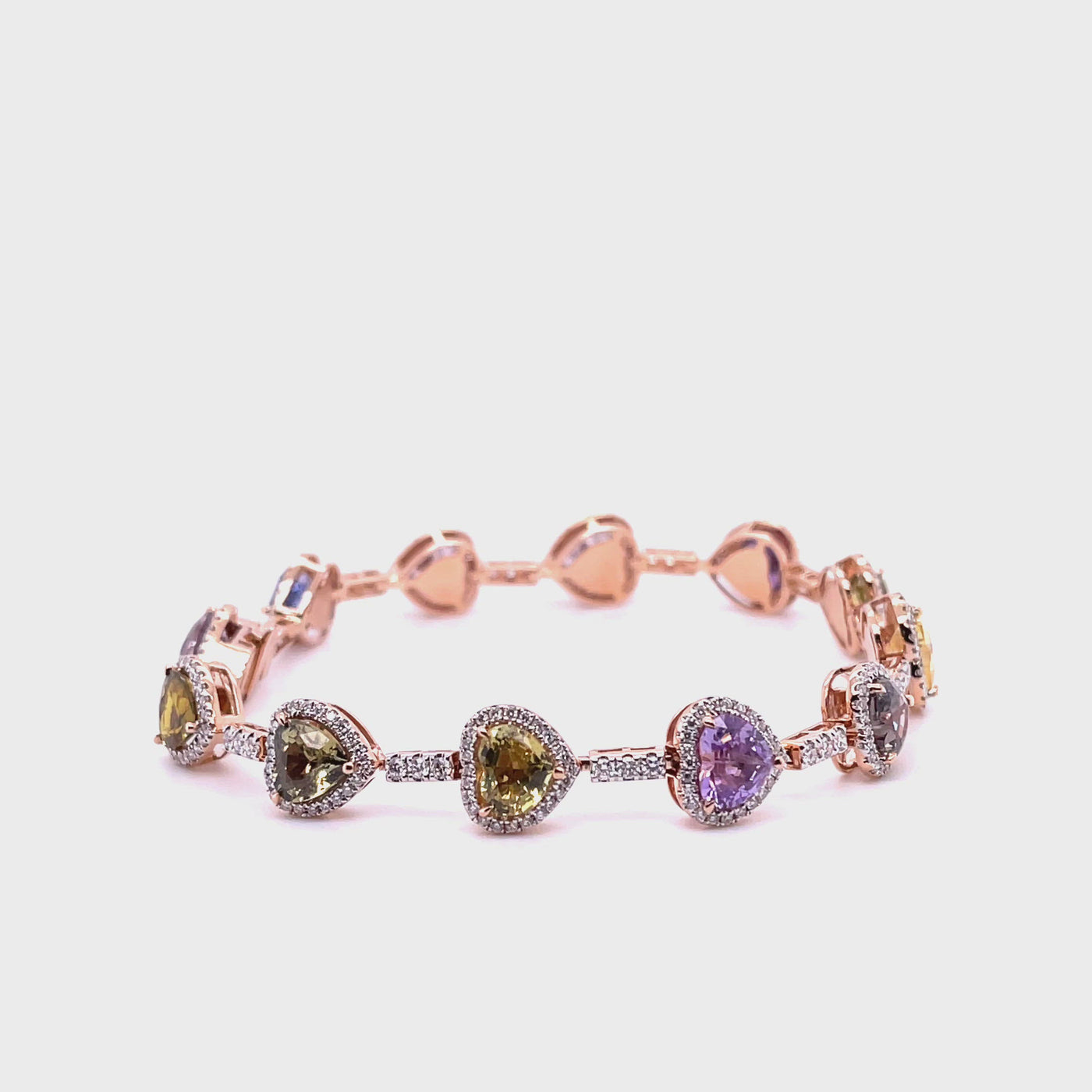 18CT rose gold multi coloured heart sapphire and diamond bracelet