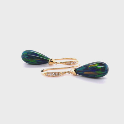 18CT Yellow Gold Black Opal and Diamond Earrings