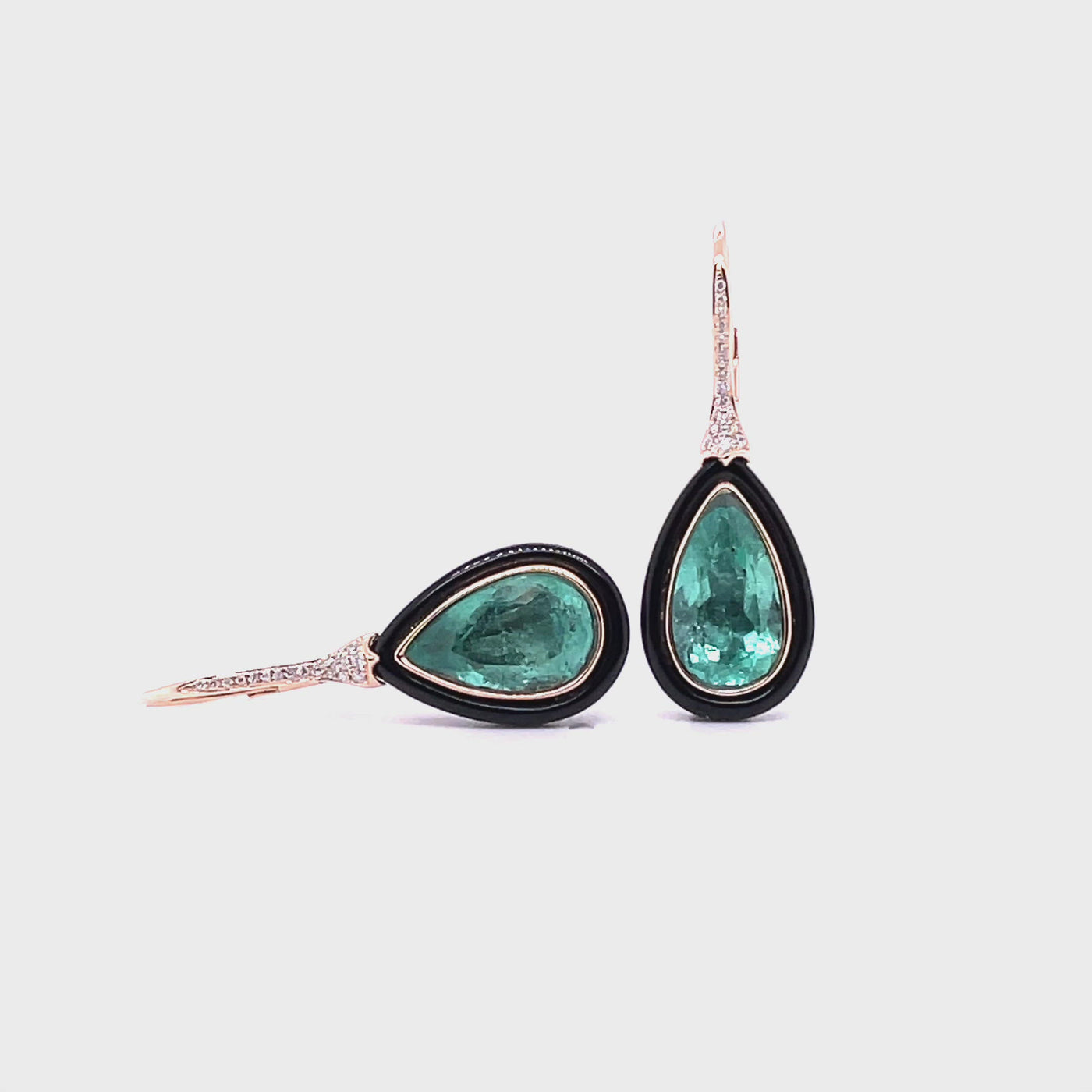 18CT rose gold colombian emerald, onyx and diamond earrings