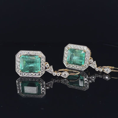 18CT yellow gold Colombian emerald and diamond earrings