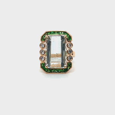 18ct rose gold Aquamarine, Tsavorite Garnet and Diamond ring