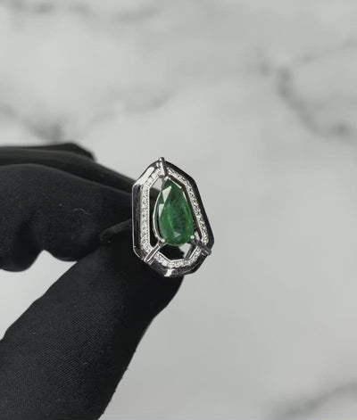 18CT White Gold Marquise Emerald Diamond and Onyx Dress Ring