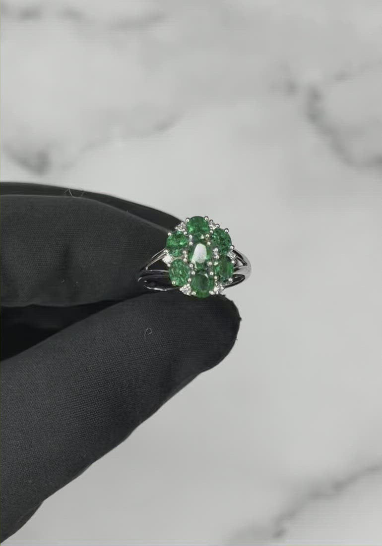 18CT White Gold Seven Stone Emerald and Diamond Ring