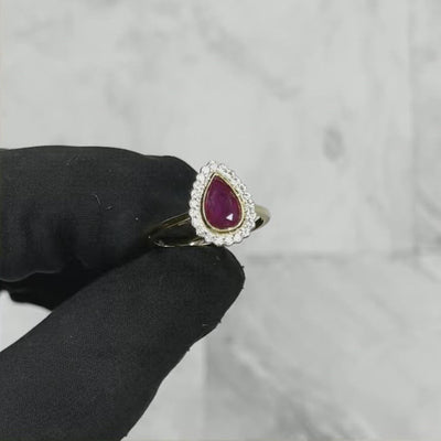 18CT Yellow Gold (NO HEAT) Pear Ruby and Diamond ring