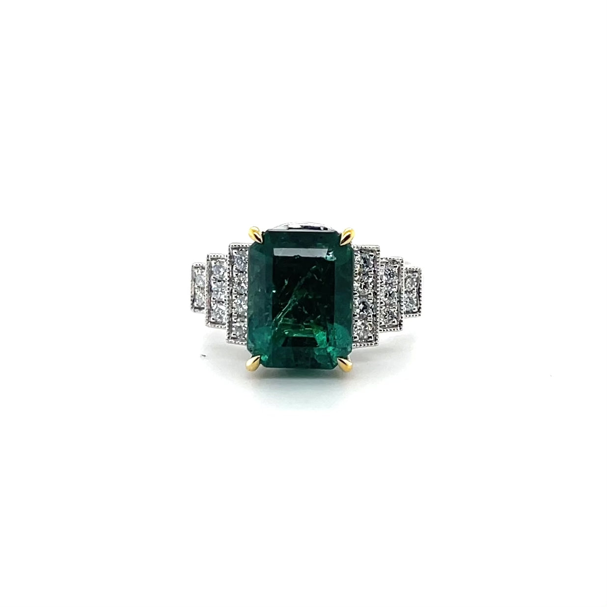 18ct white gold Art Deco style emerald and diamond ring