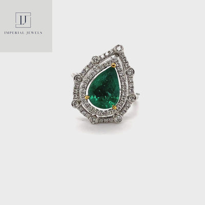 18CT White Gold Pear Emerald and Diamond Ring