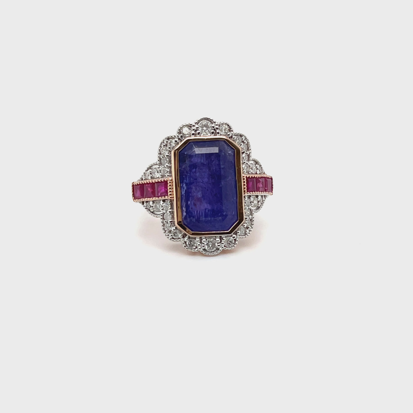 14ct rose gold Tanzanite, Ruby and Diamond ring