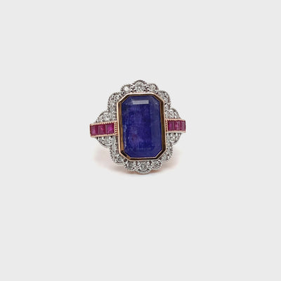 14ct rose gold Tanzanite, Ruby and Diamond ring
