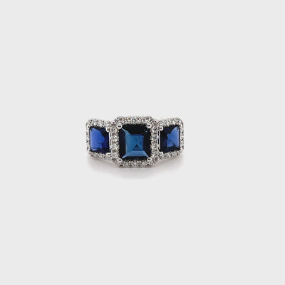 18CT white gold trilogy burmese (no heat) blue sapphire and diamond ring