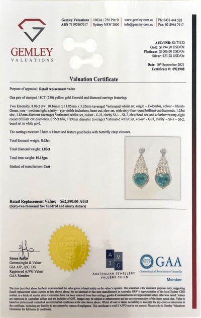 'Heart' 18CT yellow gold colombian emerald and diamond earrings