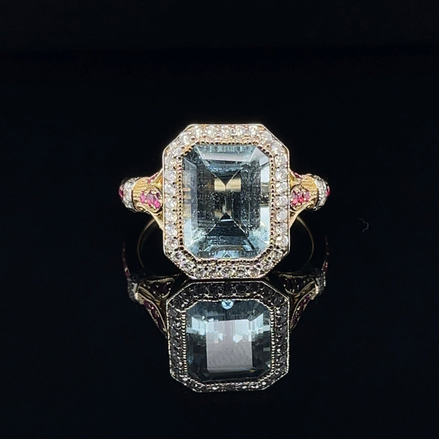 14CT Yellow Gold Aquamarine Ruby and Diamond Ring