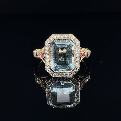 14CT Yellow Gold Aquamarine Ruby and Diamond Ring