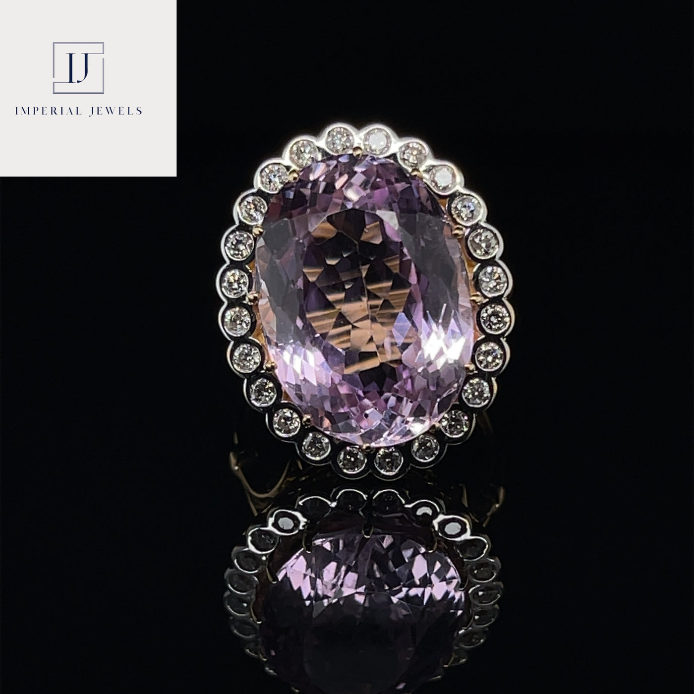 18CT Yellow Gold Pink Violet Kunzite Spodumene and Diamond ring