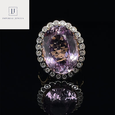 18CT Yellow Gold Pink Violet Kunzite Spodumene and Diamond ring
