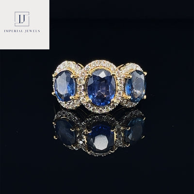 18CT Yellow Gold Trilogy Sapphire and Diamond Ring