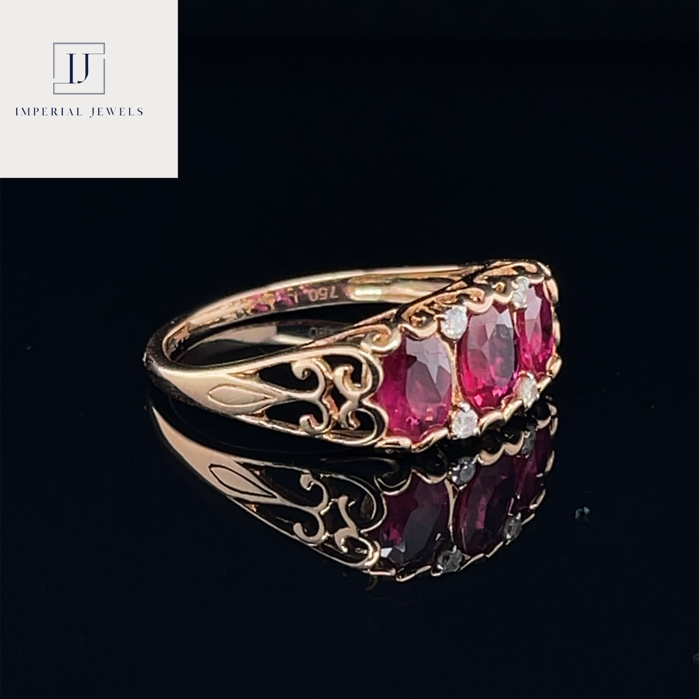 18CT Rose Gold Ruby and Diamond Trilogy Ring