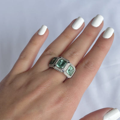 18CT rose gold Trilogy Colombian Emerald, Blue Sapphire and Diamond ring