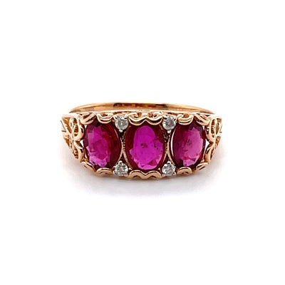 18CT Rose Gold Ruby and Diamond Trilogy Ring