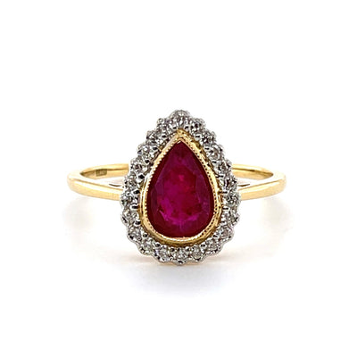 18CT Yellow Gold (NO HEAT) Pear Ruby and Diamond ring