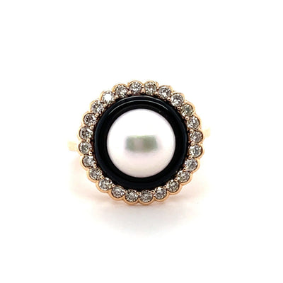 18CT Rose Gold Pearl and Diamond Onyx Ring