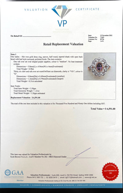 18CT Rose Gold (No Heat) Pink Sapphire and Diamond Ring