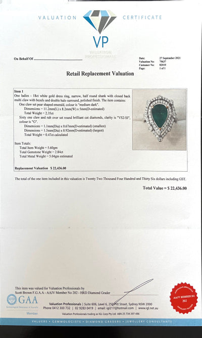 18CT White Gold Pear Emerald and Diamond Ring