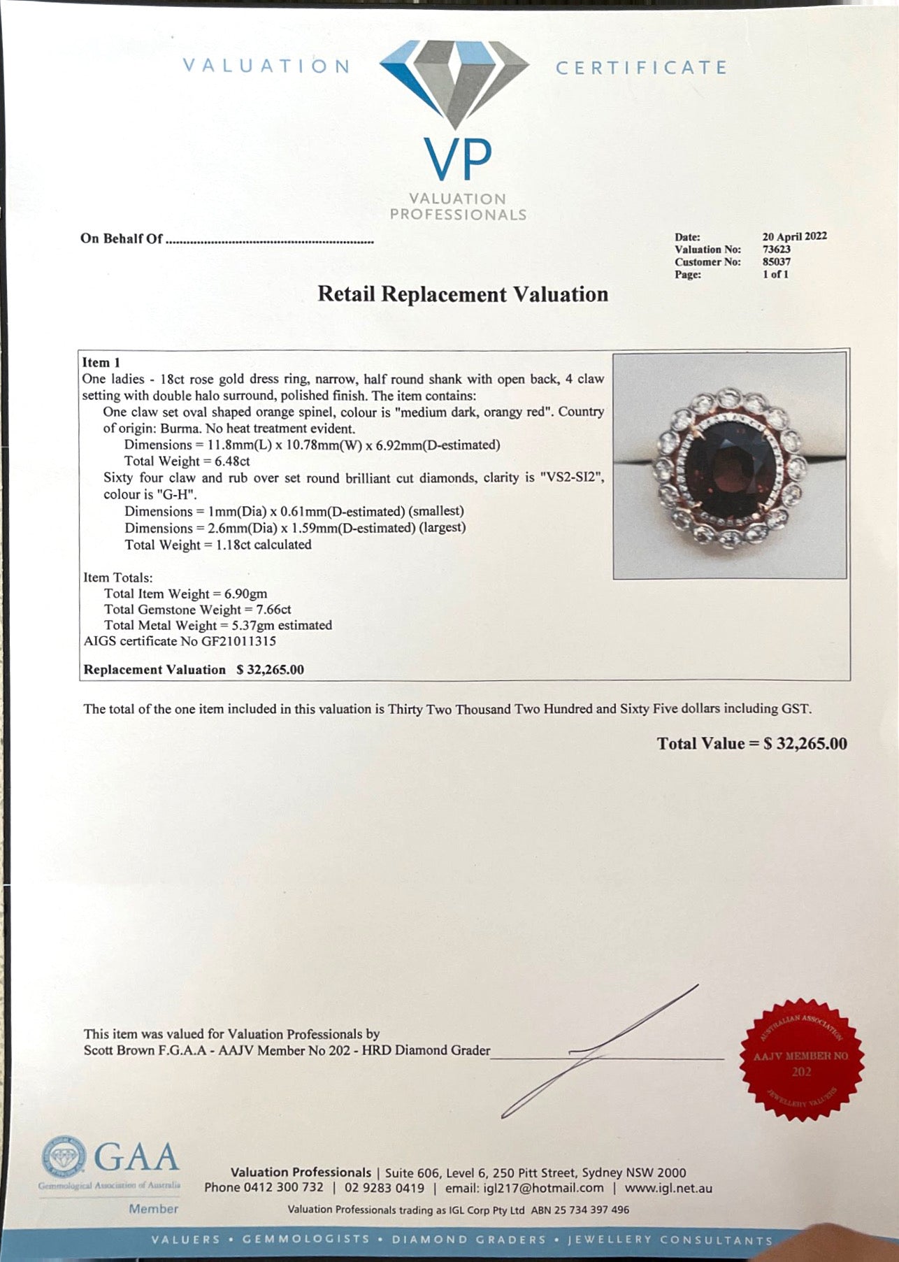 18CT rose gold Burma Myannar Spinel and diamond ring (AIGS CERTIFIED)